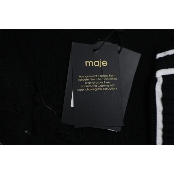 Maje Knit Midi Dress Contrast Trim Pleated Skirt Black White Office Classic $480 - Picture 14 of 15